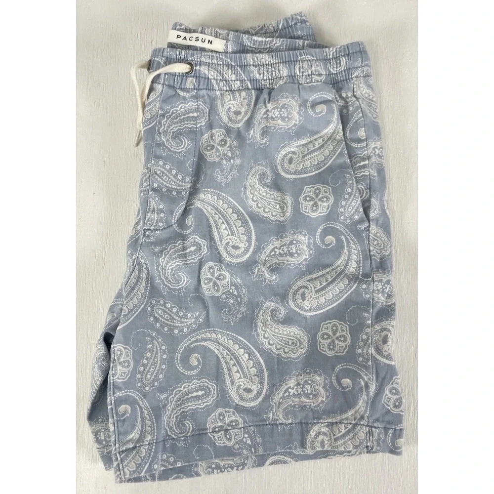 PacSun Men's Paisley Volley Shorts Blue Elastic Waist Drawstring Size S - Picture 8 of 13